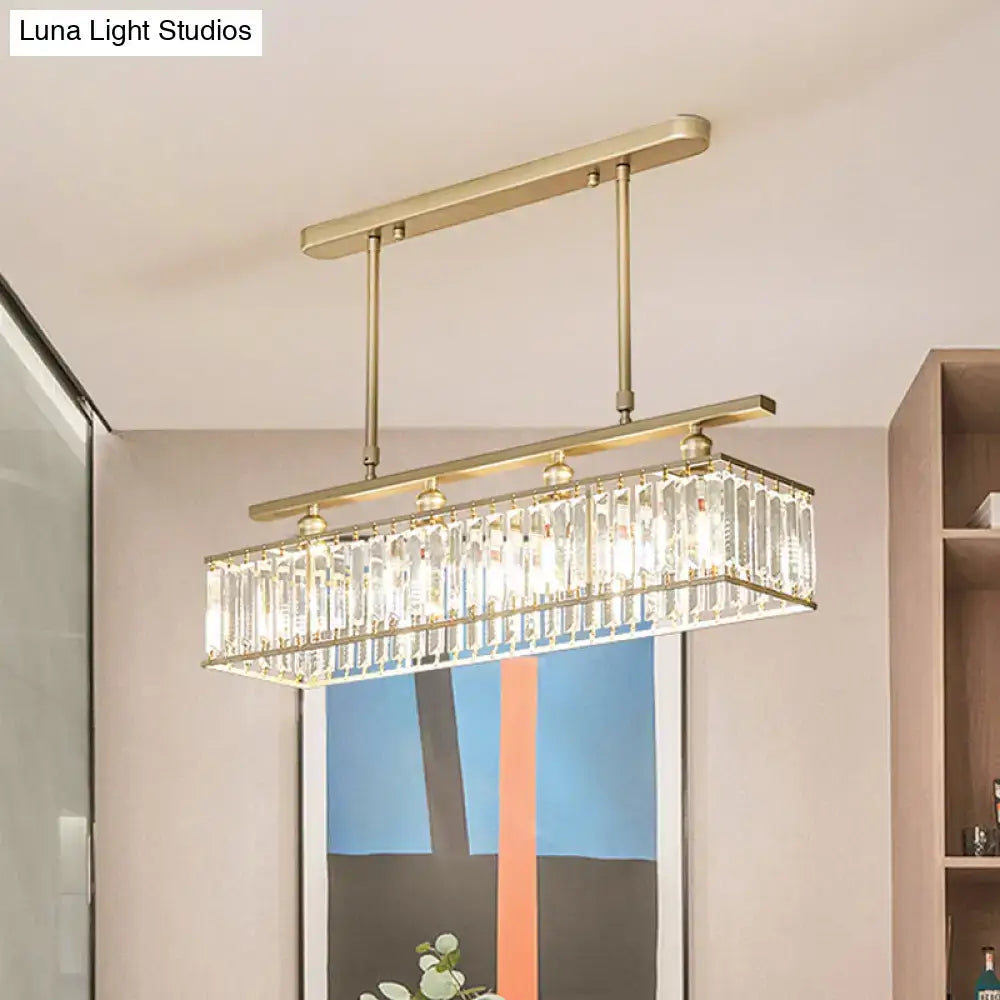 DecorBites™ Sleek 4-Head Island Light: Champagne/Black Rectangle Suspension with Crystal Prisms