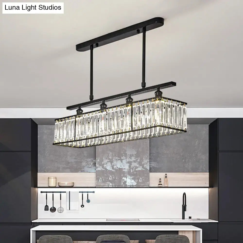DecorBites™ Sleek 4-Head Island Light: Champagne/Black Rectangle Suspension with Crystal Prisms