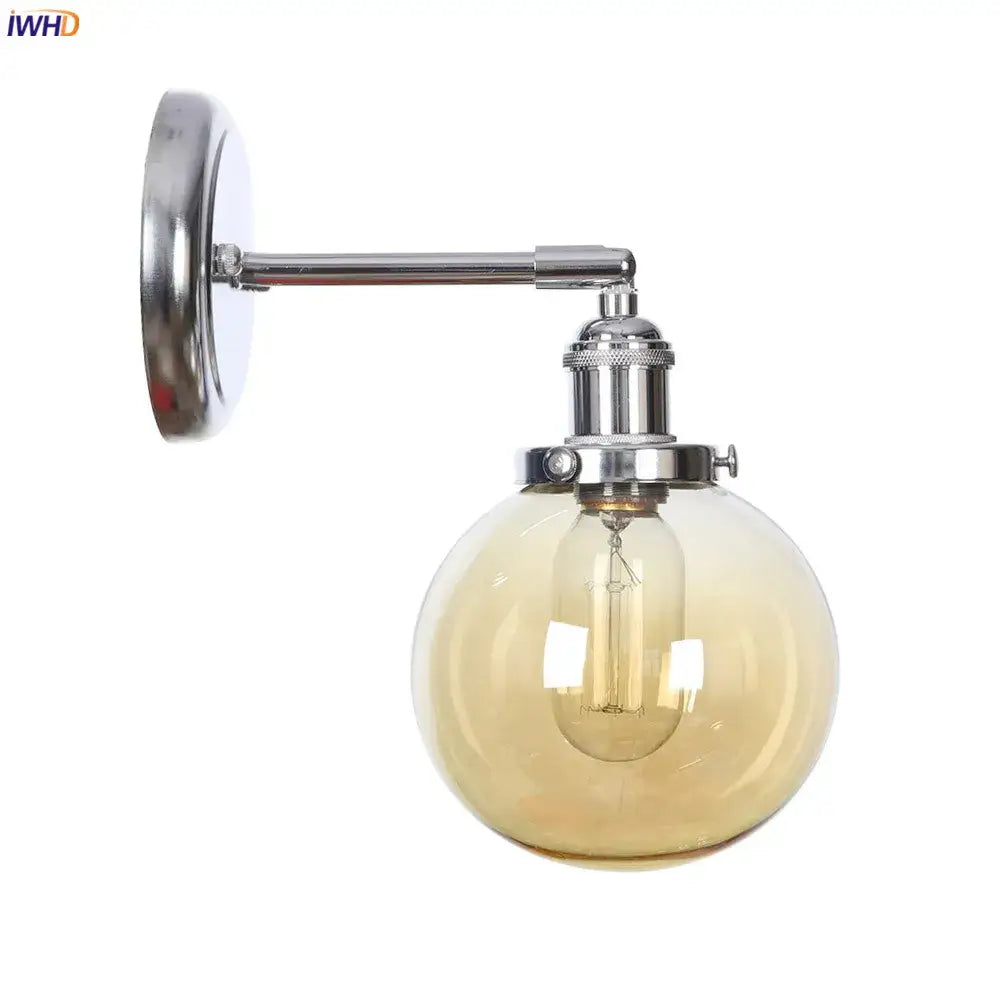 Modern chrome and amber glass ball wall light bedroom sconce