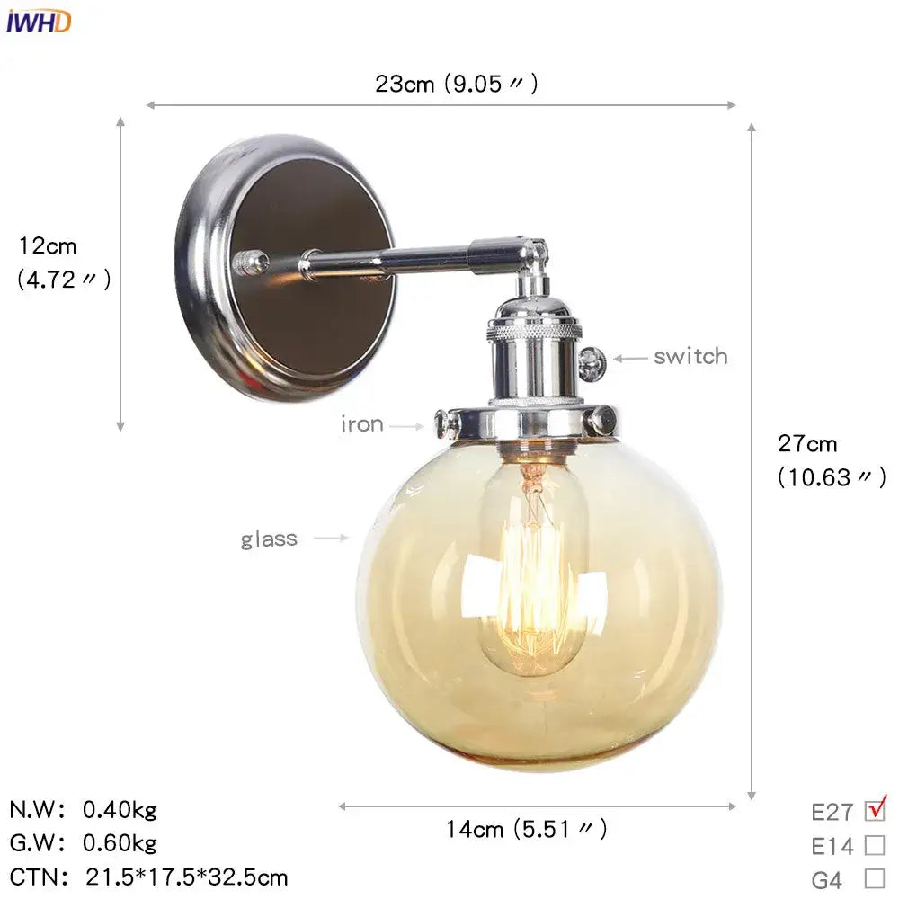 Modern chrome and amber glass ball wall light bedroom sconce
