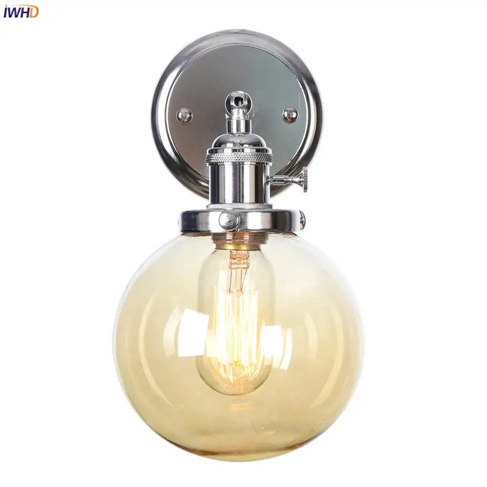 Modern chrome and amber glass ball wall light bedroom sconce
