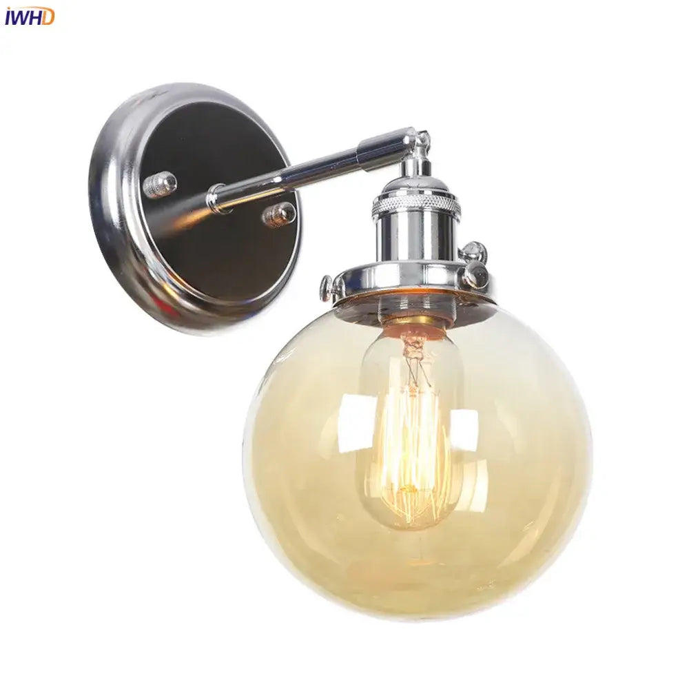 Modern chrome and amber glass ball wall light bedroom sconce