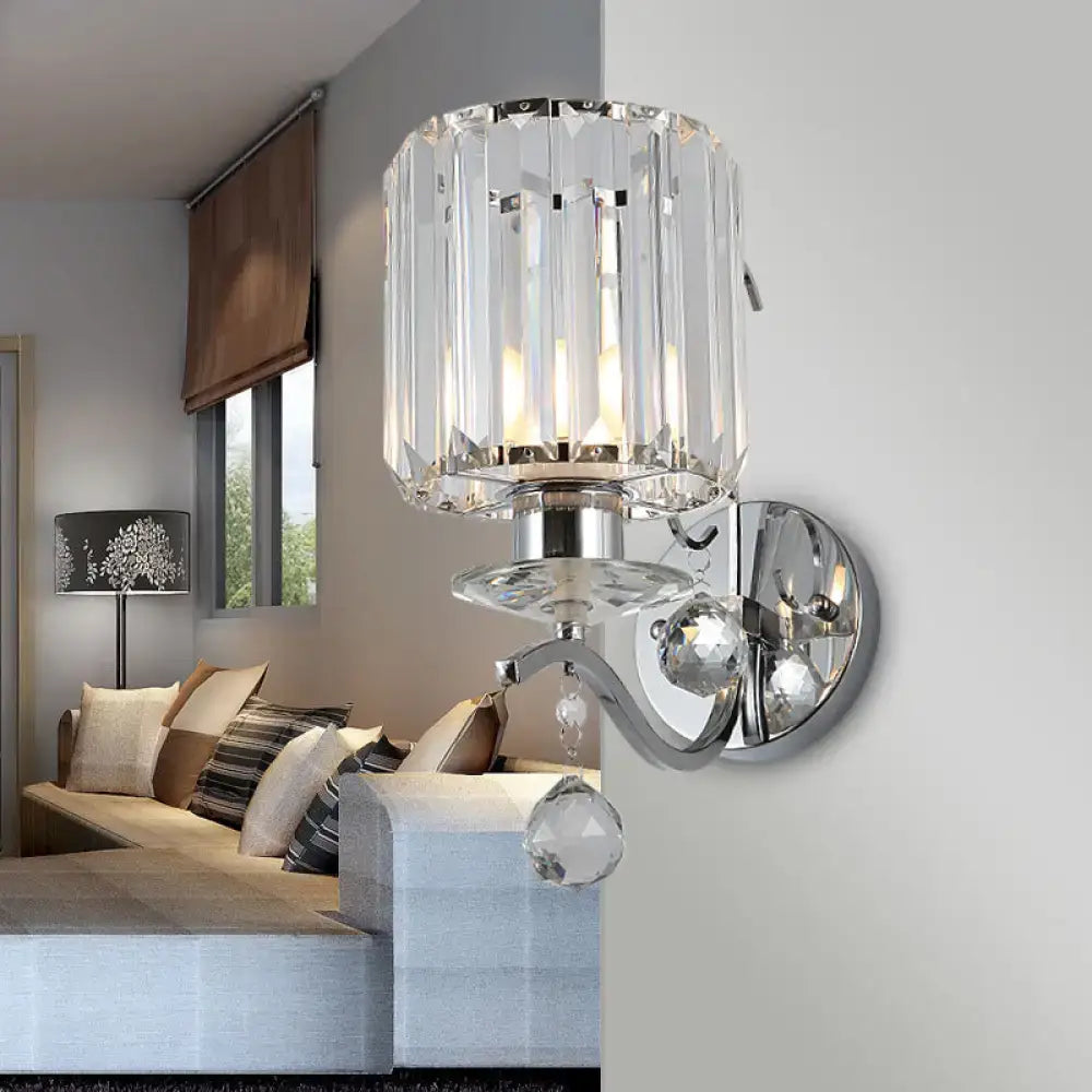 DecorBites™ Modernist Chrome Cylinder Wall Sconce with Clear Crystal Orbit Drop - 1 Bulb Wall Lighting