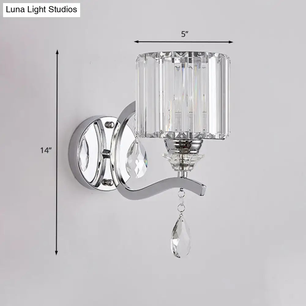 Modern chrome cylinder wall light with crystal block bedroom sconce