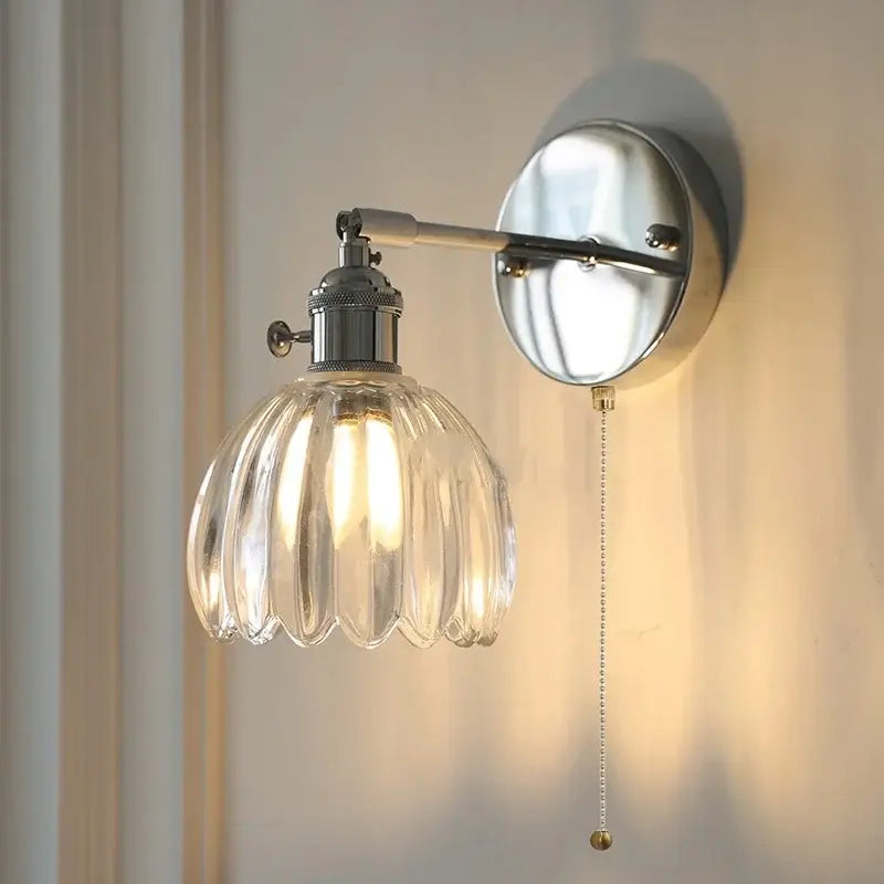 Modern chrome ribbed clear glass wall lamp bedroom pull chain light