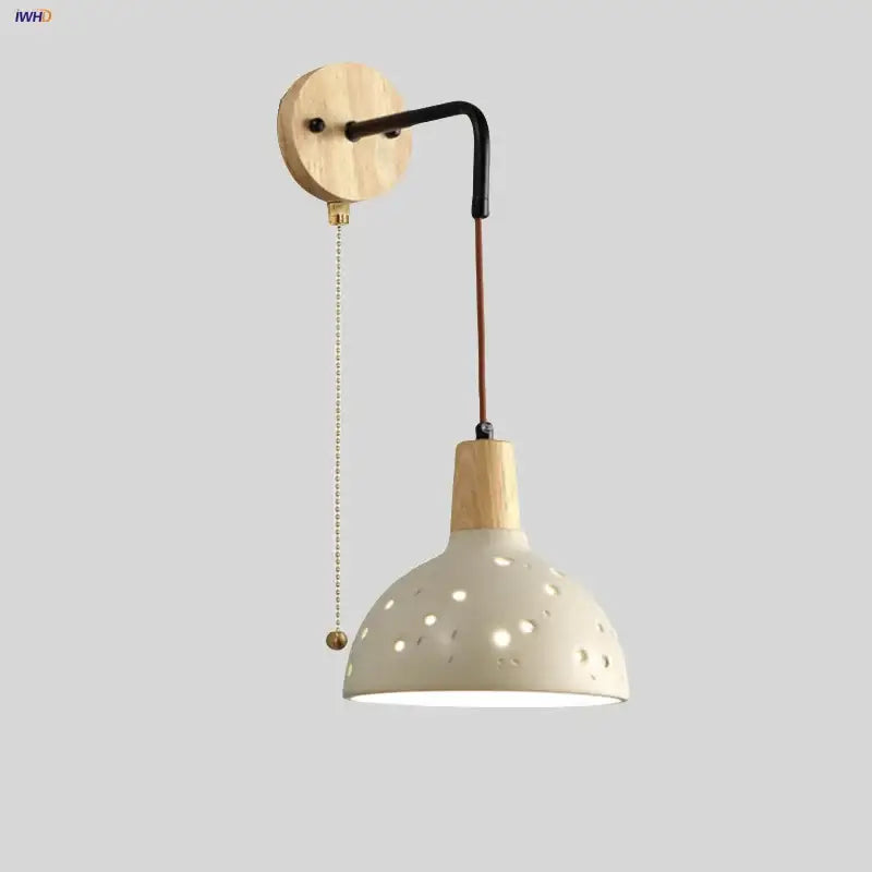 Modern cream ceramic and wood wall light bedroom pull chain switch