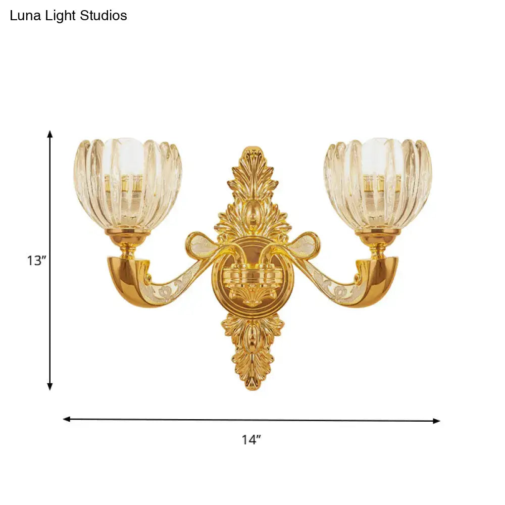 DecorBites™ Modern Beveled Crystal Dome Sconce Light Fixture: Gold 1/2-Bulb Wall Lamp for the Bedroom
