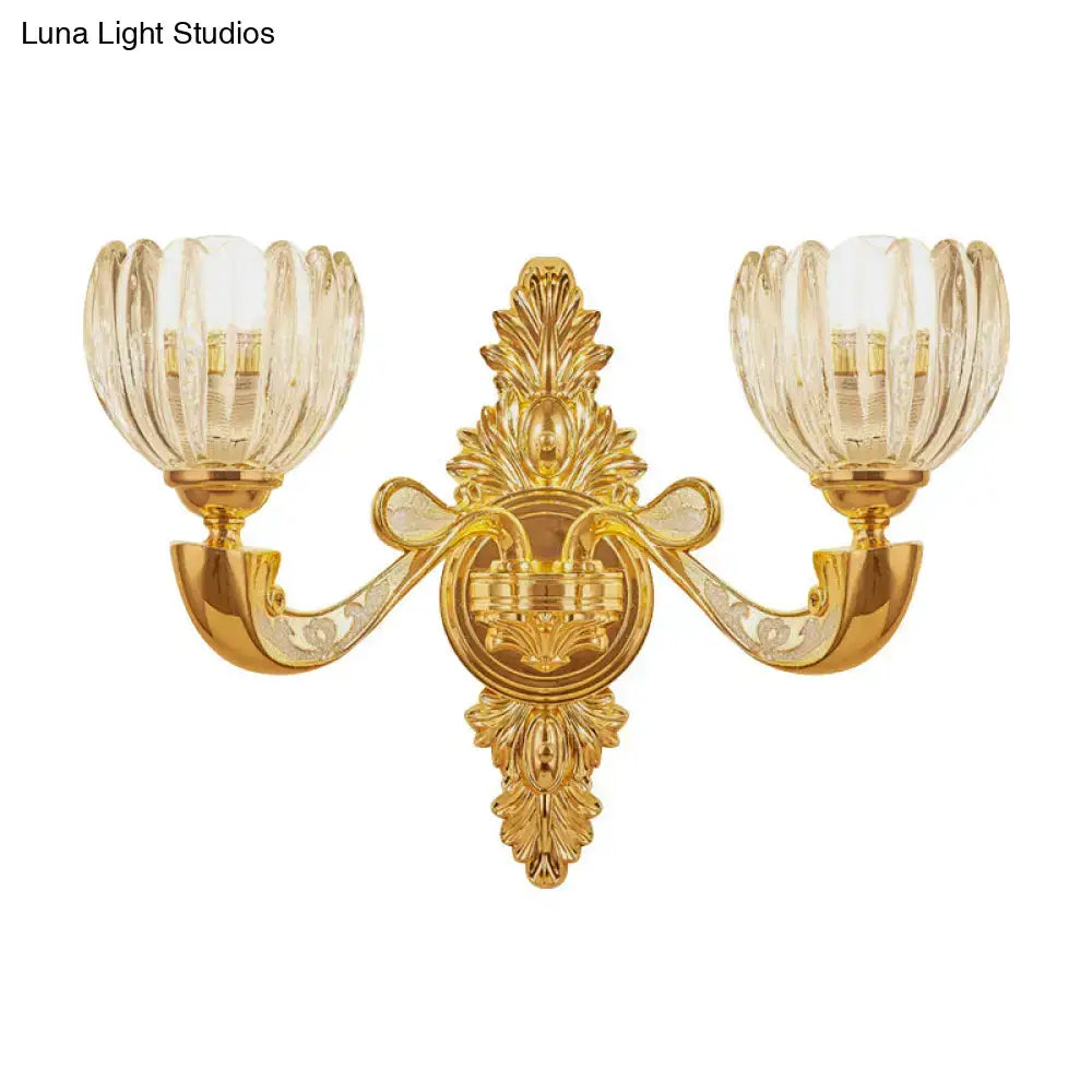 DecorBites™ Modern Beveled Crystal Dome Sconce Light Fixture: Gold 1/2-Bulb Wall Lamp for the Bedroom