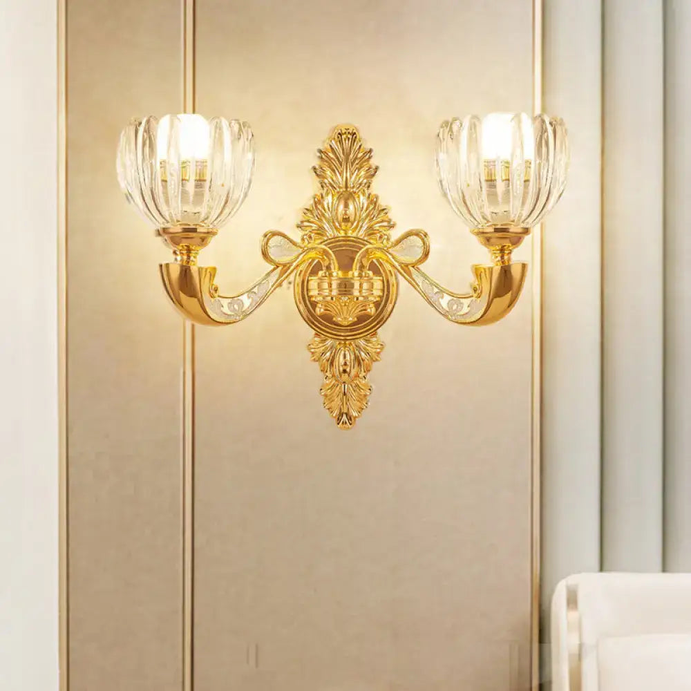 DecorBites™ Modern Beveled Crystal Dome Sconce Light Fixture: Gold 1/2-Bulb Wall Lamp for the Bedroom