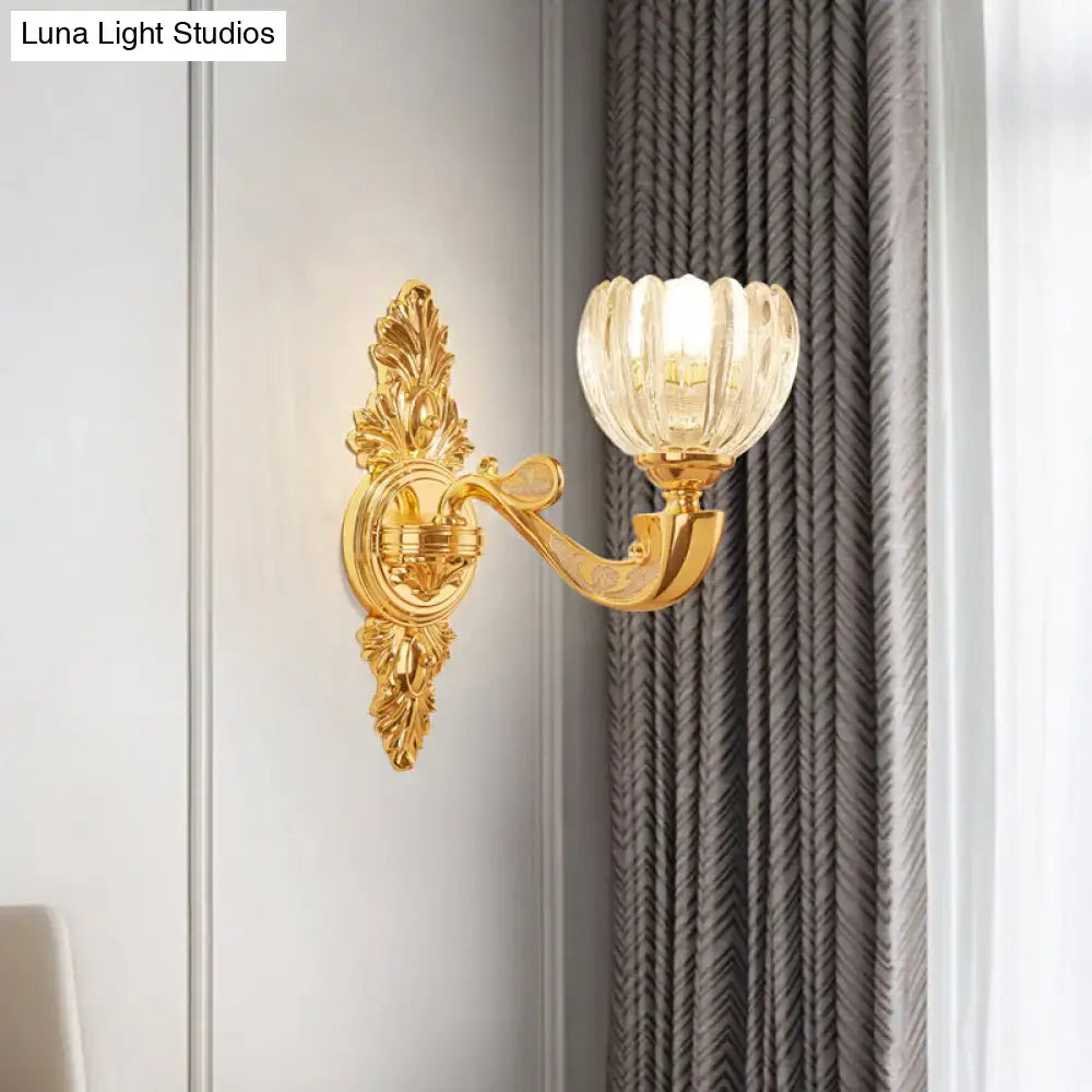 DecorBites™ Modern Beveled Crystal Dome Sconce Light Fixture: Gold 1/2-Bulb Wall Lamp for the Bedroom