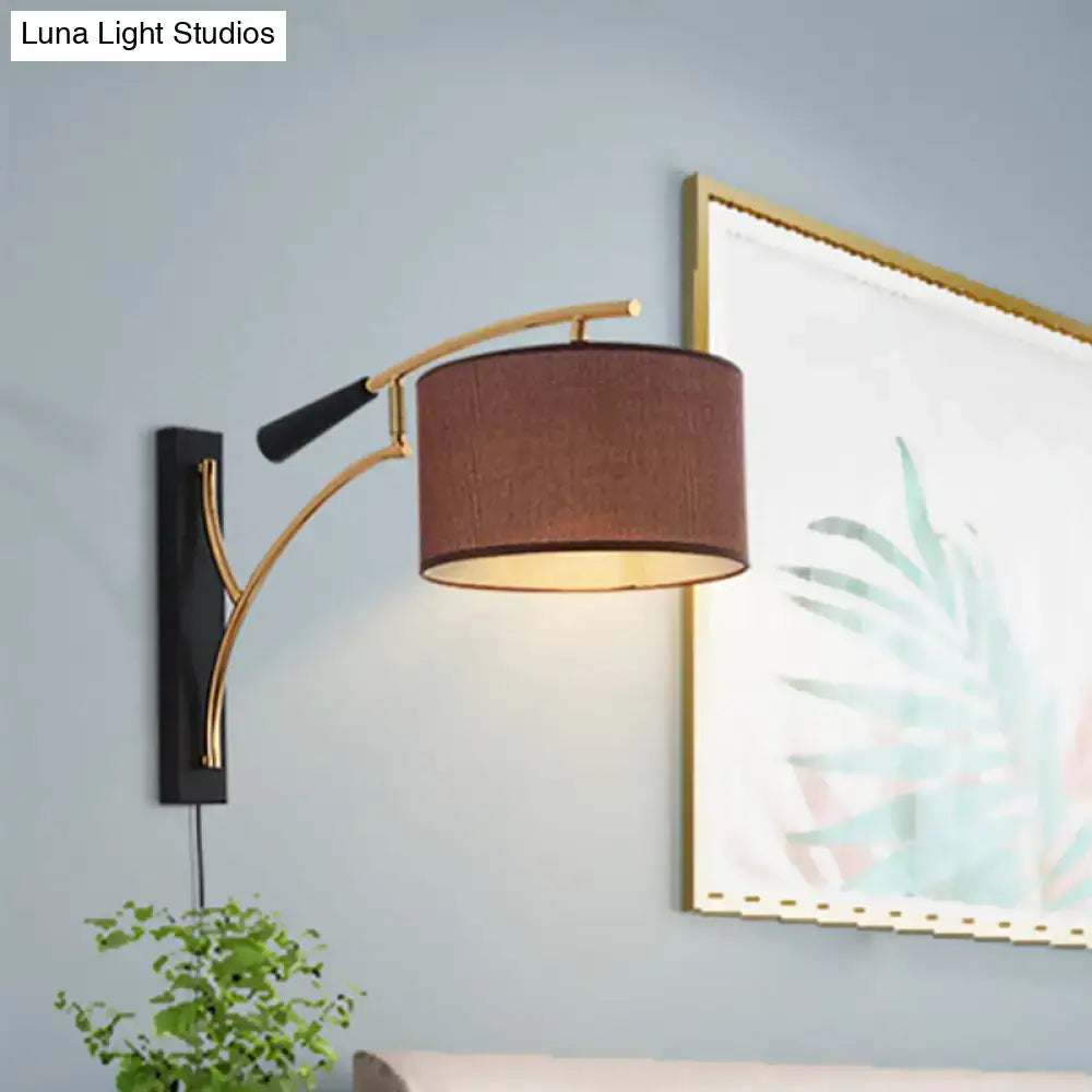 Modern drum shade wall lamp in flaxen & coffee for bedroom