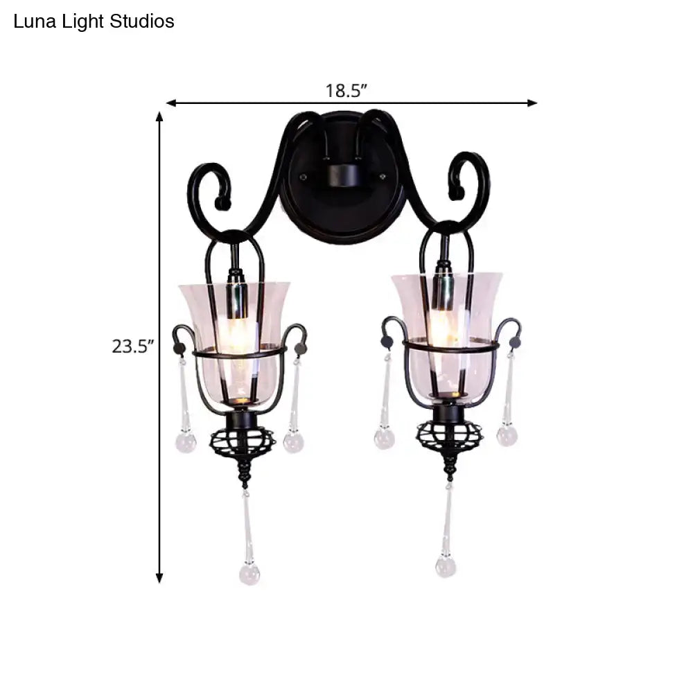 Modern flared black metal wall lamp with crystals bedroom sconce