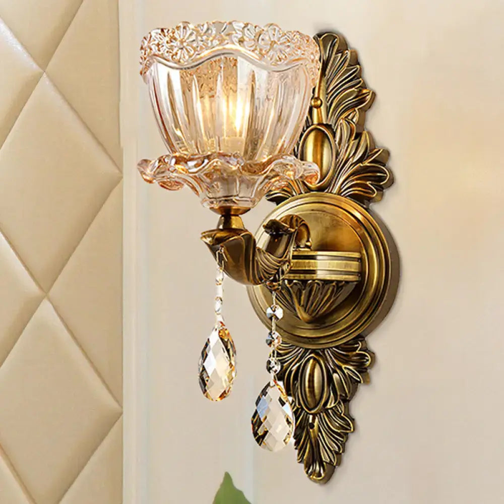 DecorBites™ Modern Floral Shaped Wall Sconce Light with Amber Glass and Teardrop Crystal Drop in Brass - 1/2 Heads - Ideal for Living Room