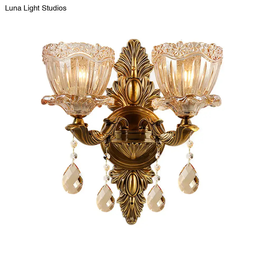 DecorBites™ Modern Floral Shaped Wall Sconce Light with Amber Glass and Teardrop Crystal Drop in Brass - 1/2 Heads - Ideal for Living Room