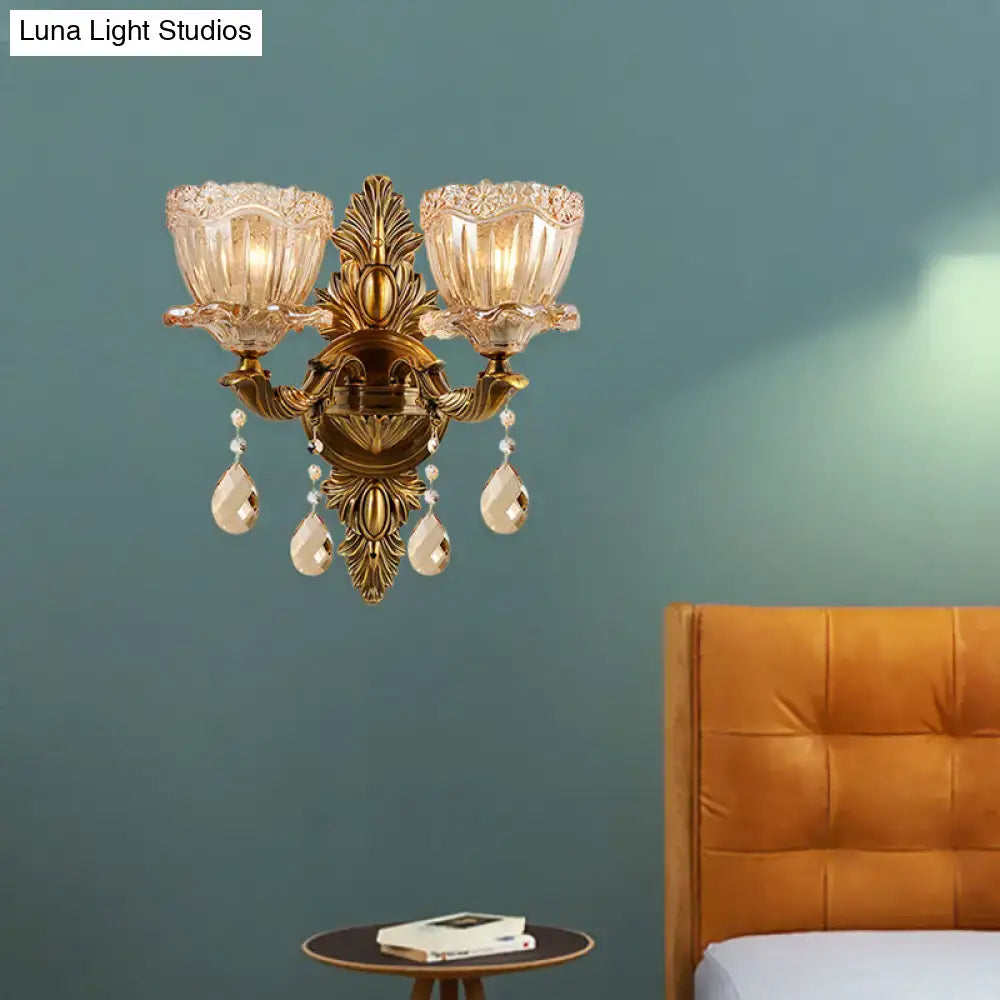 DecorBites™ Modern Floral Shaped Wall Sconce Light with Amber Glass and Teardrop Crystal Drop in Brass - 1/2 Heads - Ideal for Living Room