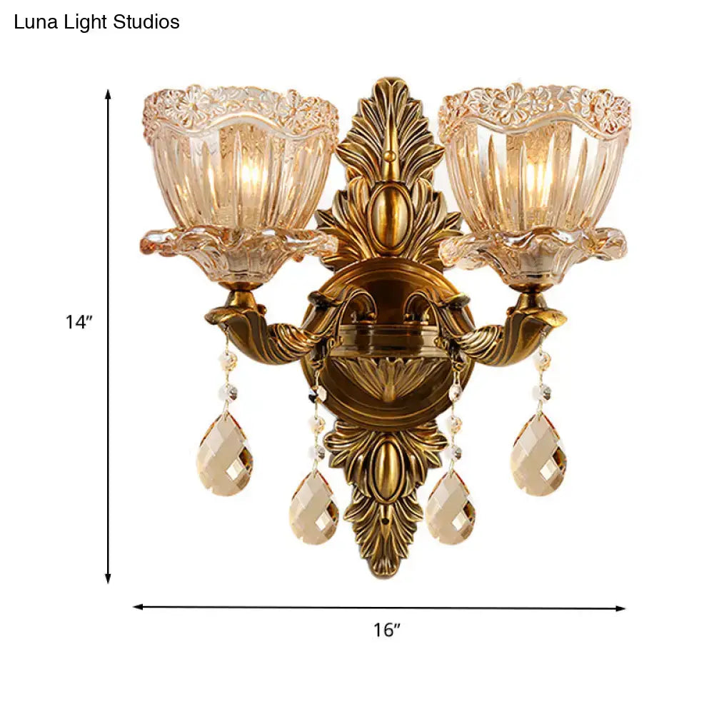DecorBites™ Modern Floral Shaped Wall Sconce Light with Amber Glass and Teardrop Crystal Drop in Brass - 1/2 Heads - Ideal for Living Room