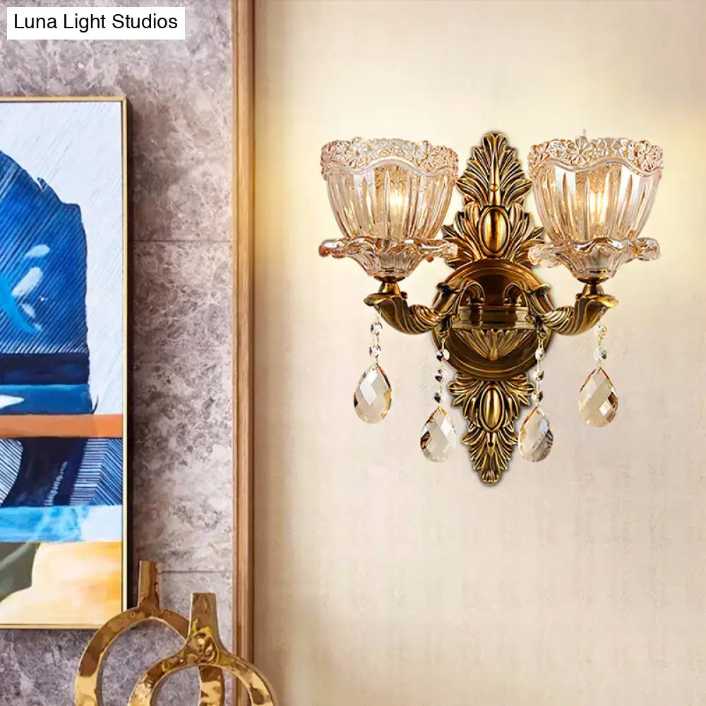 DecorBites™ Modern Floral Shaped Wall Sconce Light with Amber Glass and Teardrop Crystal Drop in Brass - 1/2 Heads - Ideal for Living Room