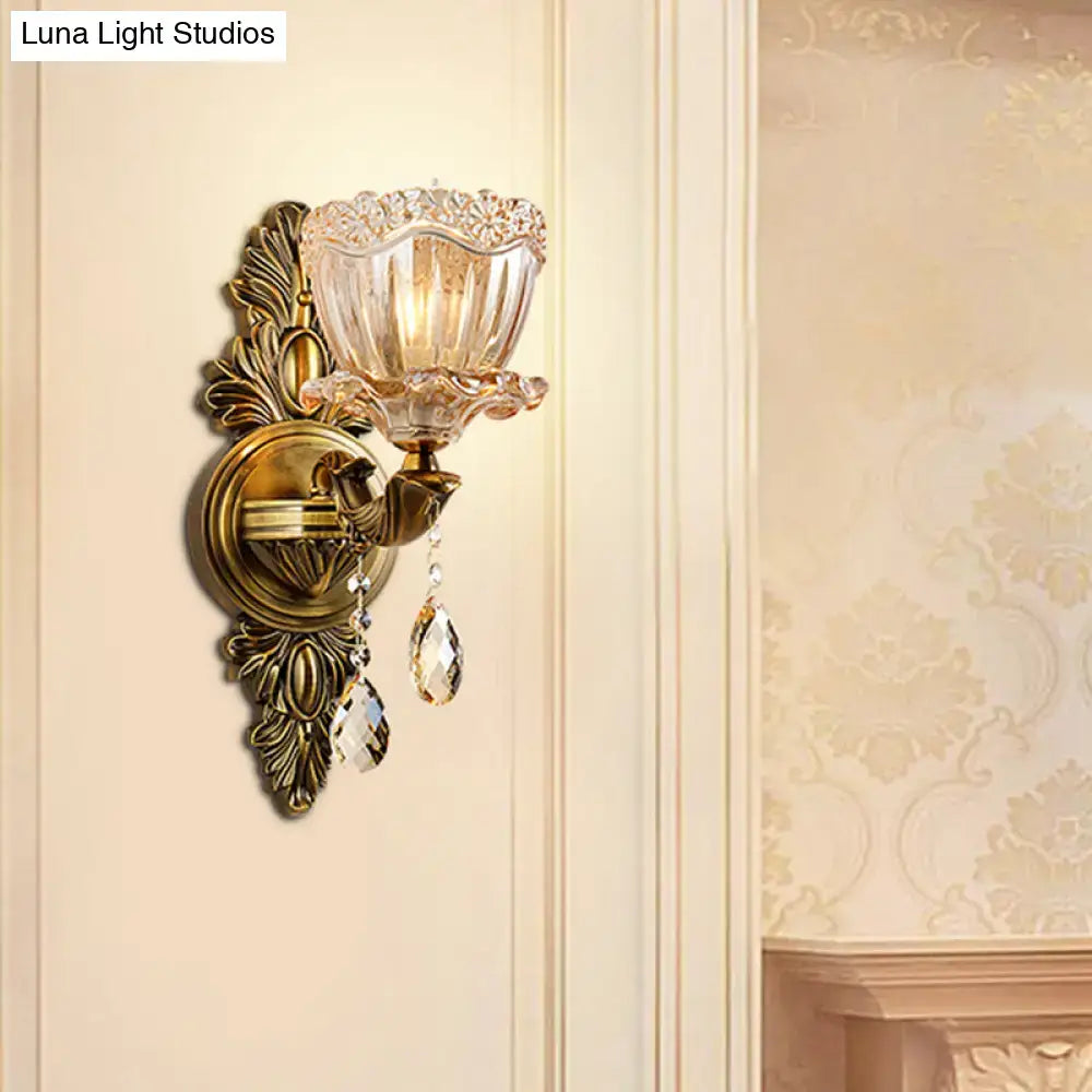 DecorBites™ Modern Floral Shaped Wall Sconce Light with Amber Glass and Teardrop Crystal Drop in Brass - 1/2 Heads - Ideal for Living Room