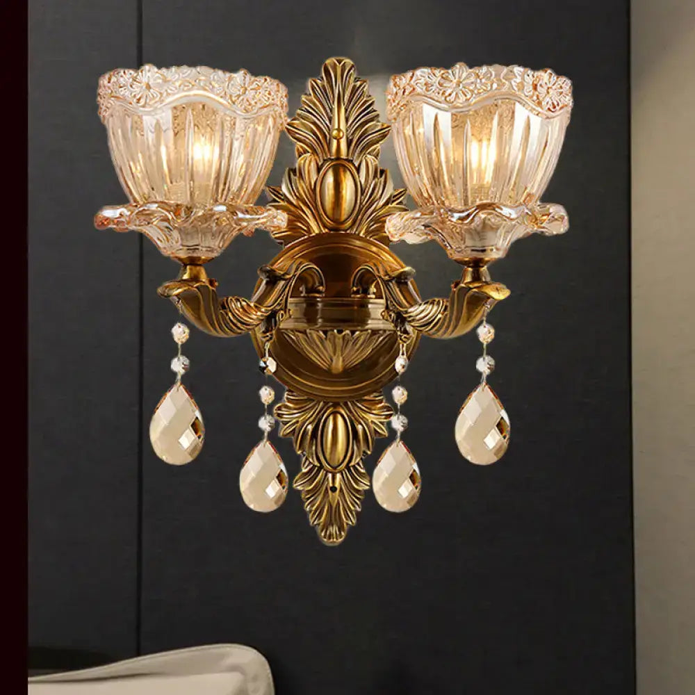 DecorBites™ Modern Floral Shaped Wall Sconce Light with Amber Glass and Teardrop Crystal Drop in Brass - 1/2 Heads - Ideal for Living Room