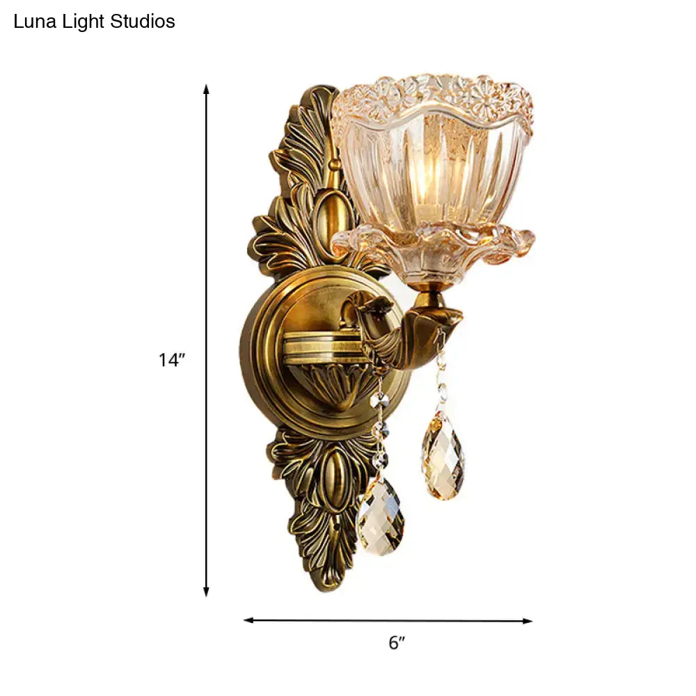 DecorBites™ Modern Floral Shaped Wall Sconce Light with Amber Glass and Teardrop Crystal Drop in Brass - 1/2 Heads - Ideal for Living Room