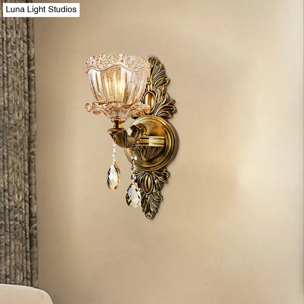 DecorBites™ Modern Floral Shaped Wall Sconce Light with Amber Glass and Teardrop Crystal Drop in Brass - 1/2 Heads - Ideal for Living Room