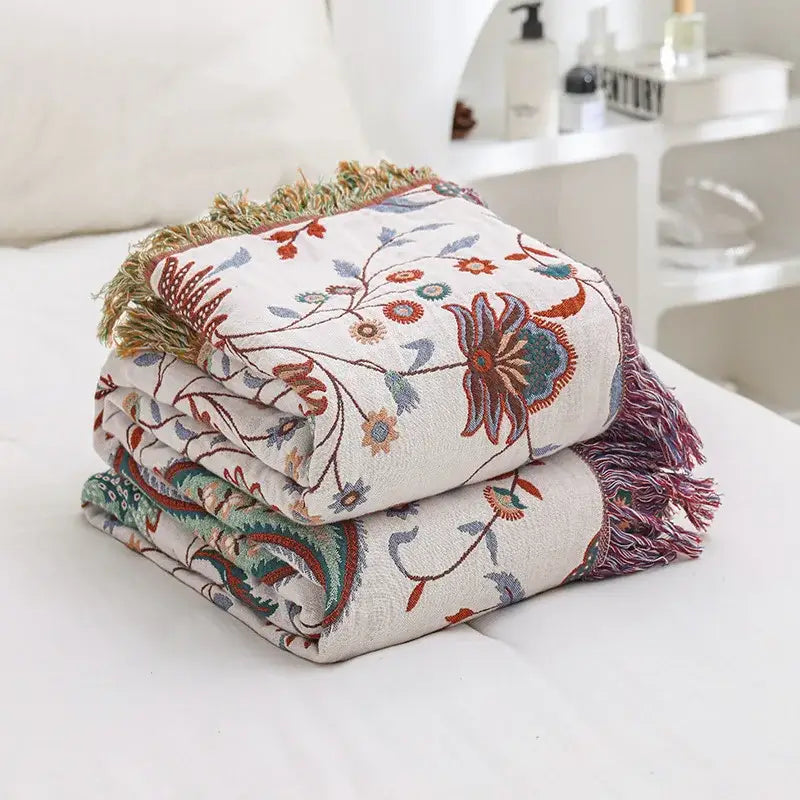 Modern floral teal & cream cooling cotton blanket bedroom throw