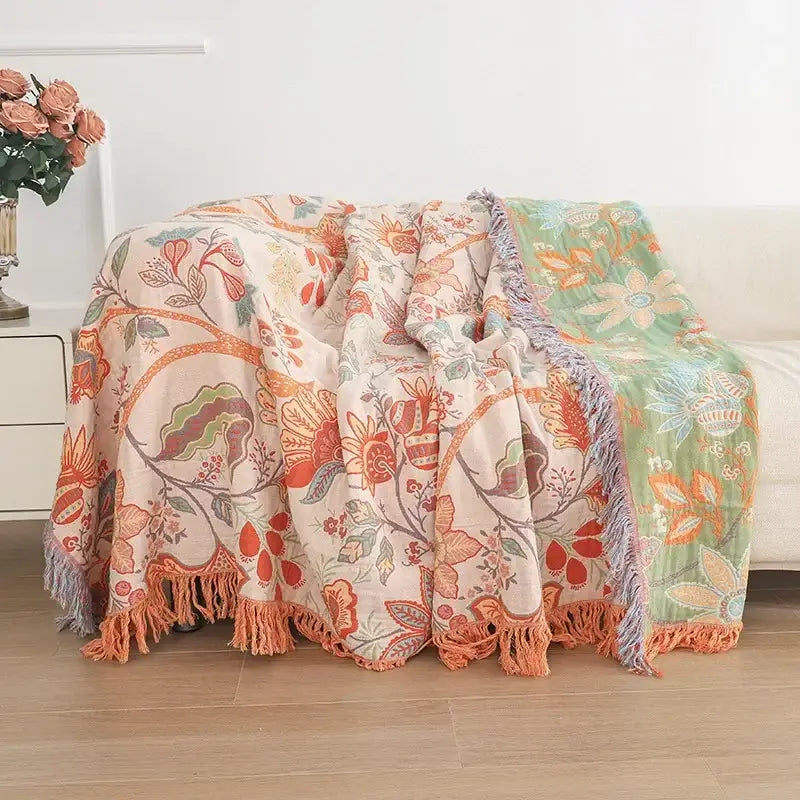 Modern floral teal & cream cooling cotton blanket bedroom throw