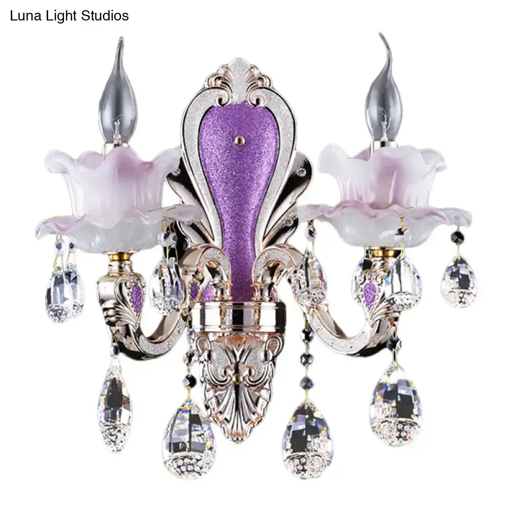 DecorBites™ Modern Frosted Glass Purple Wall Sconce Light with Teardrop Crystal Drops - Ruffle Design