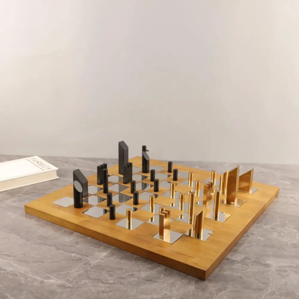 Modern geometric block chess set gold & black living room decor