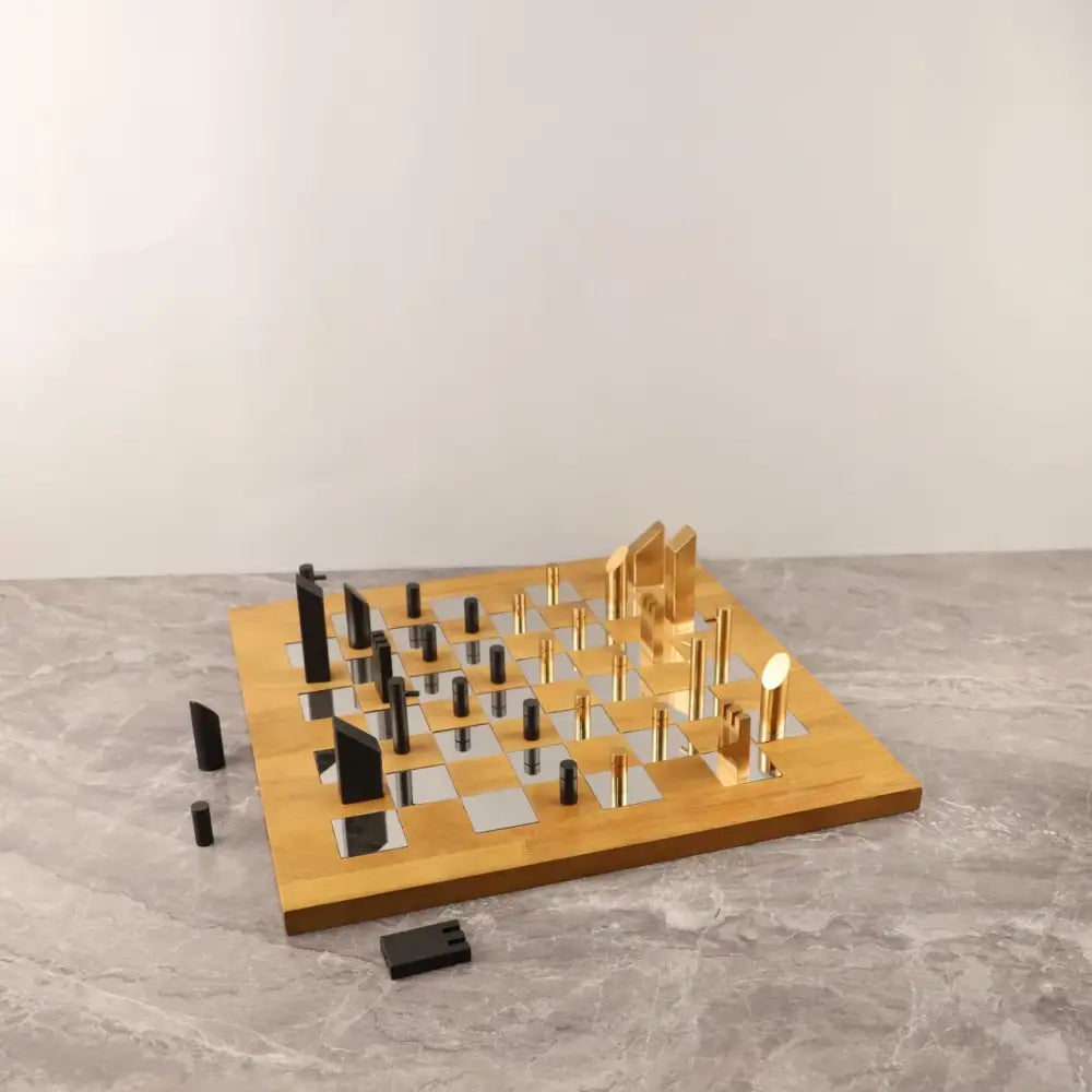 Modern geometric block chess set gold & black living room decor
