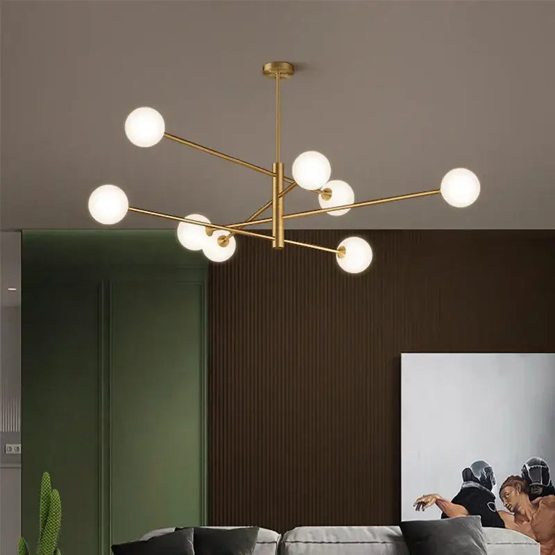 Modern geometric brass chandelier with frosted glass for living room