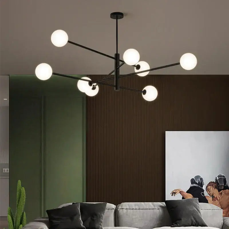 Modern geometric brass chandelier with frosted glass for living room