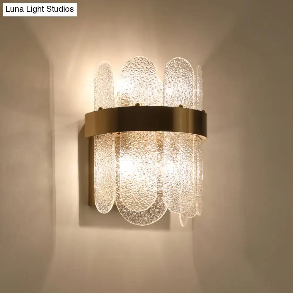 Modern gold 4 head wall lamp with clear hammered glass bedroom sconce