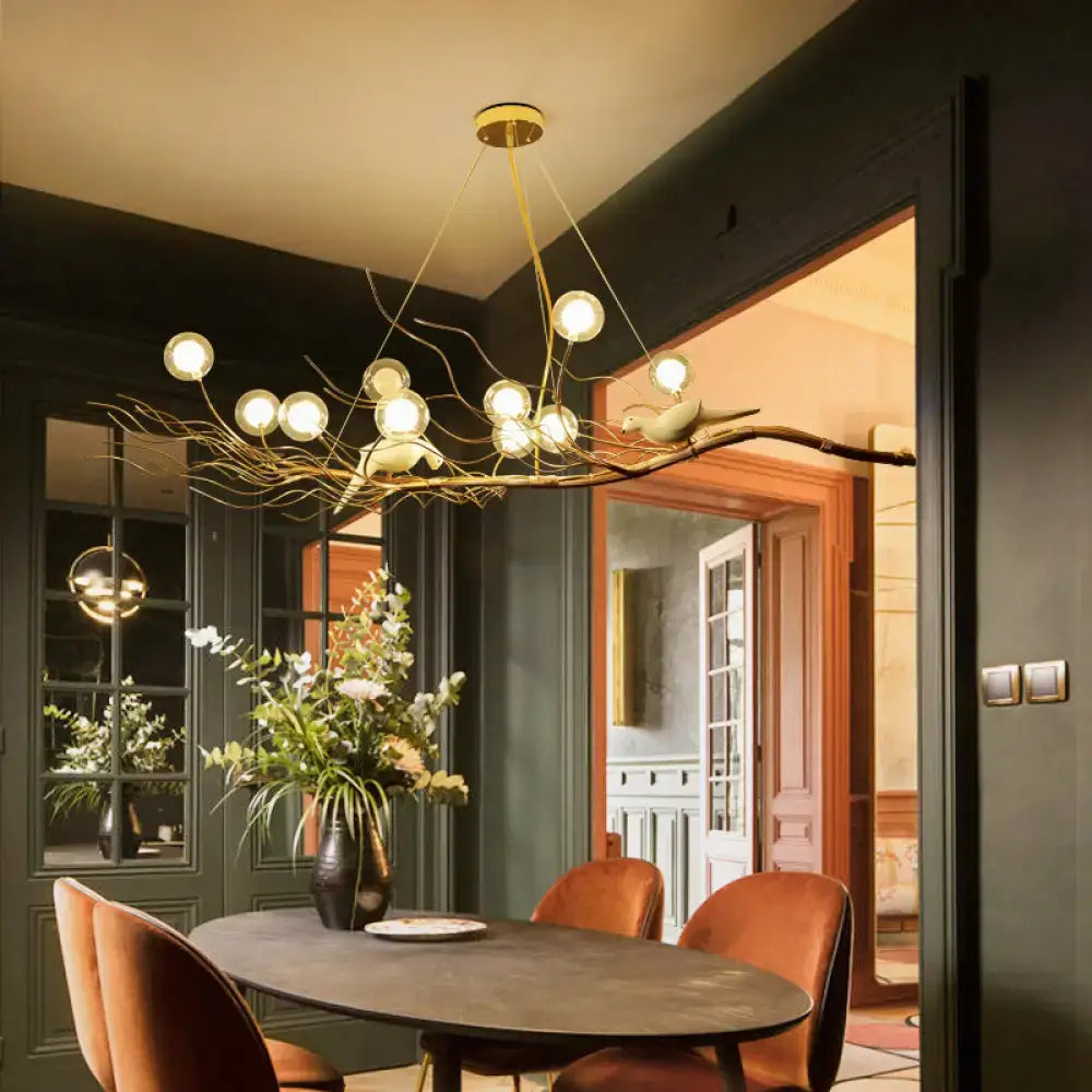 DecorBites™ Modern Gold Branch Pendant Light with Clear Glass Island Lamp - 10-Light Design with Birds - Ideal for Dining Room