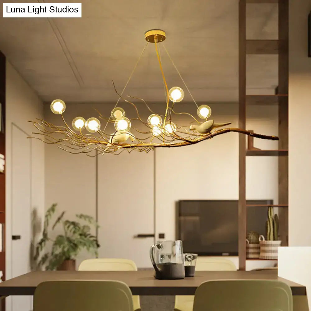 DecorBites™ Modern Gold Branch Pendant Light with Clear Glass Island Lamp - 10-Light Design with Birds - Ideal for Dining Room