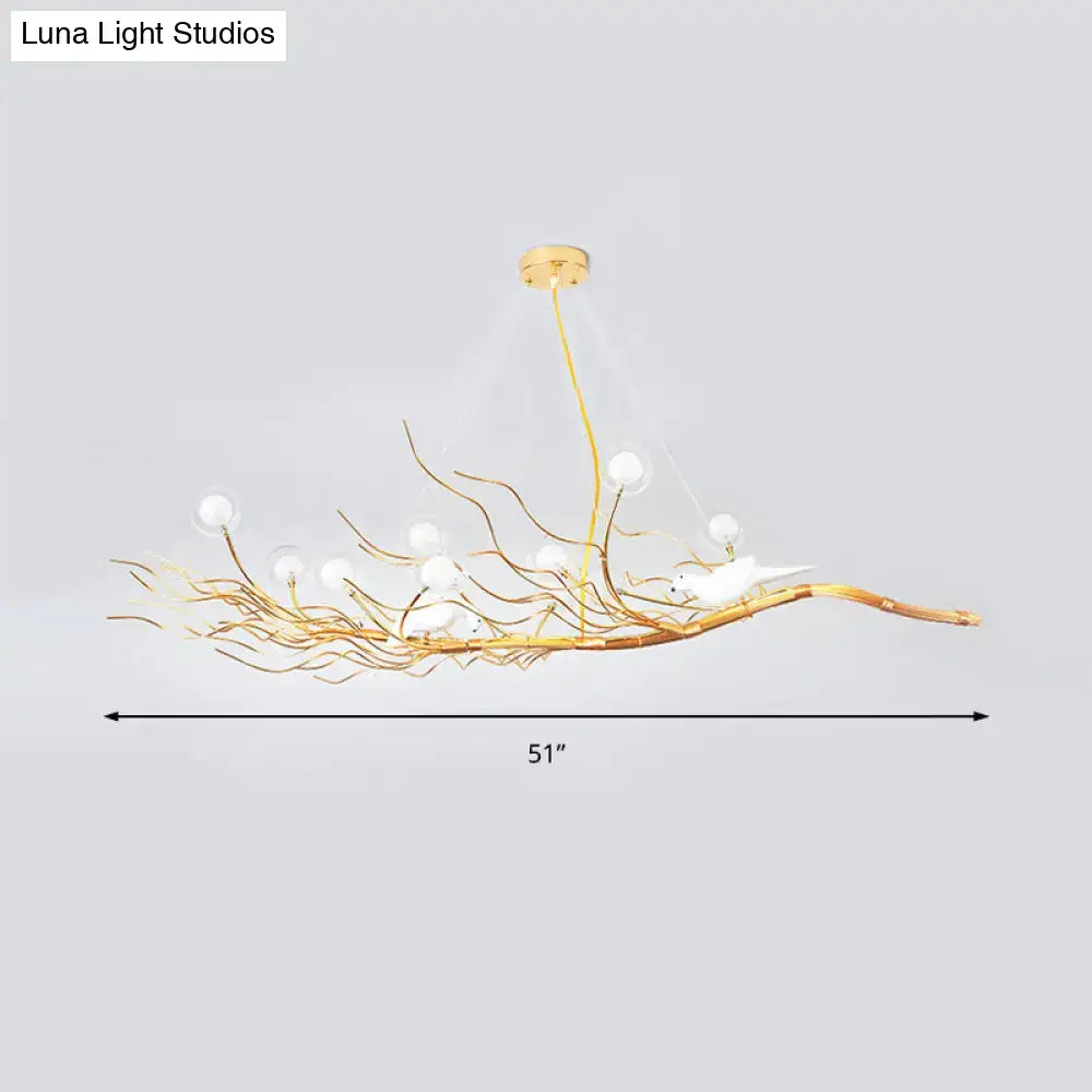 DecorBites™ Modern Gold Branch Pendant Light with Clear Glass Island Lamp - 10-Light Design with Birds - Ideal for Dining Room