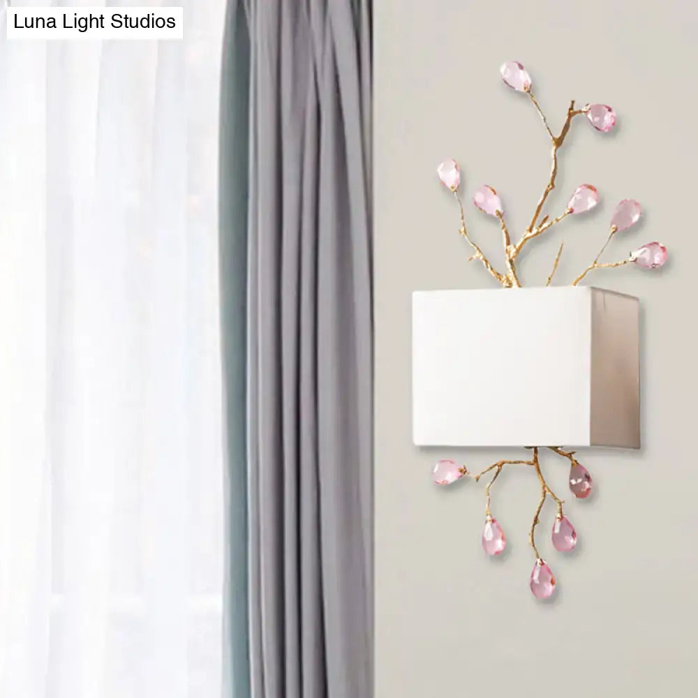 Modern gold branch wall sconce bedroom light with pink crystal accent