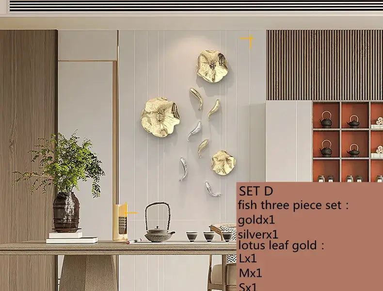 Modern gold carp fish lotus leaf wall pendant living room decor