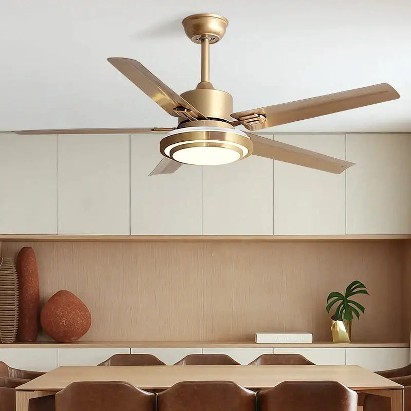 Modern gold ceiling fan with led light and stainless steel blade bedroom
