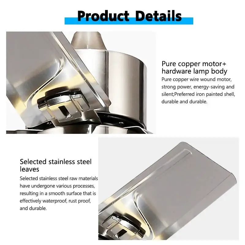 Modern gold ceiling fan with led light and stainless steel blade bedroom