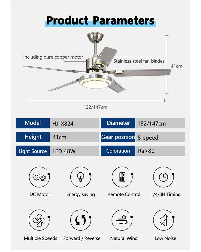 Modern gold ceiling fan with led light and stainless steel blade bedroom