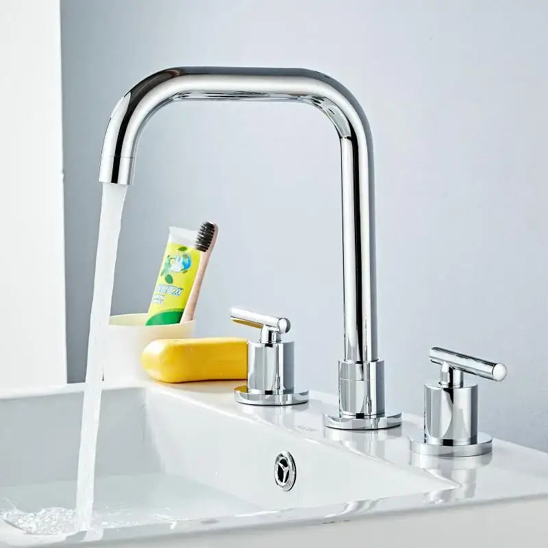 DecorBites™ Brass Basin Faucet: Gold/Chrome Double Handle Bathroom Sink Tap, Deck Mounted-Widespread