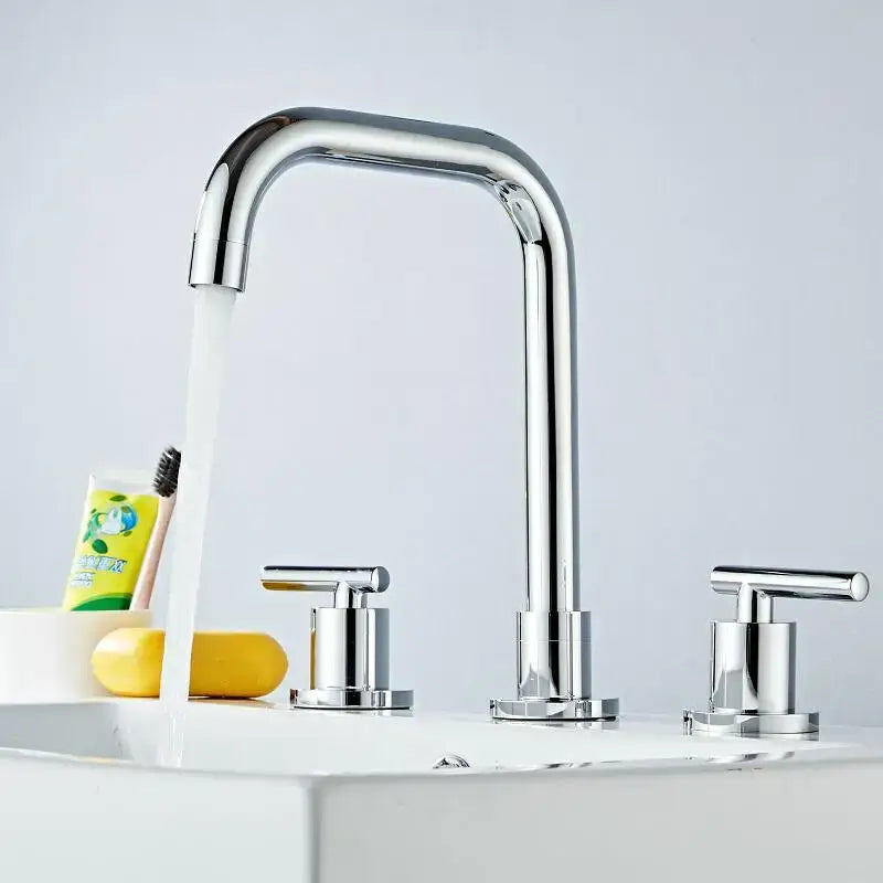 DecorBites™ Brass Basin Faucet: Gold/Chrome Double Handle Bathroom Sink Tap, Deck Mounted-Widespread