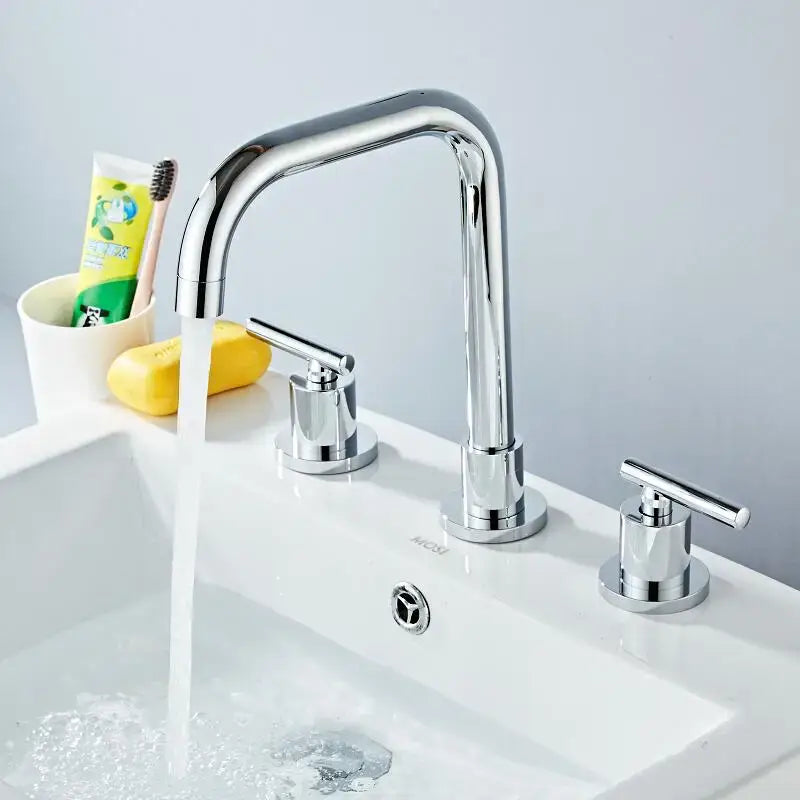 DecorBites™ Brass Basin Faucet: Gold/Chrome Double Handle Bathroom Sink Tap, Deck Mounted-Widespread