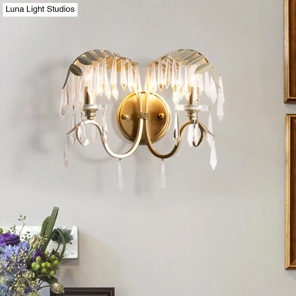 Modern gold crystal leaf wall sconce light – bedroom bent arm