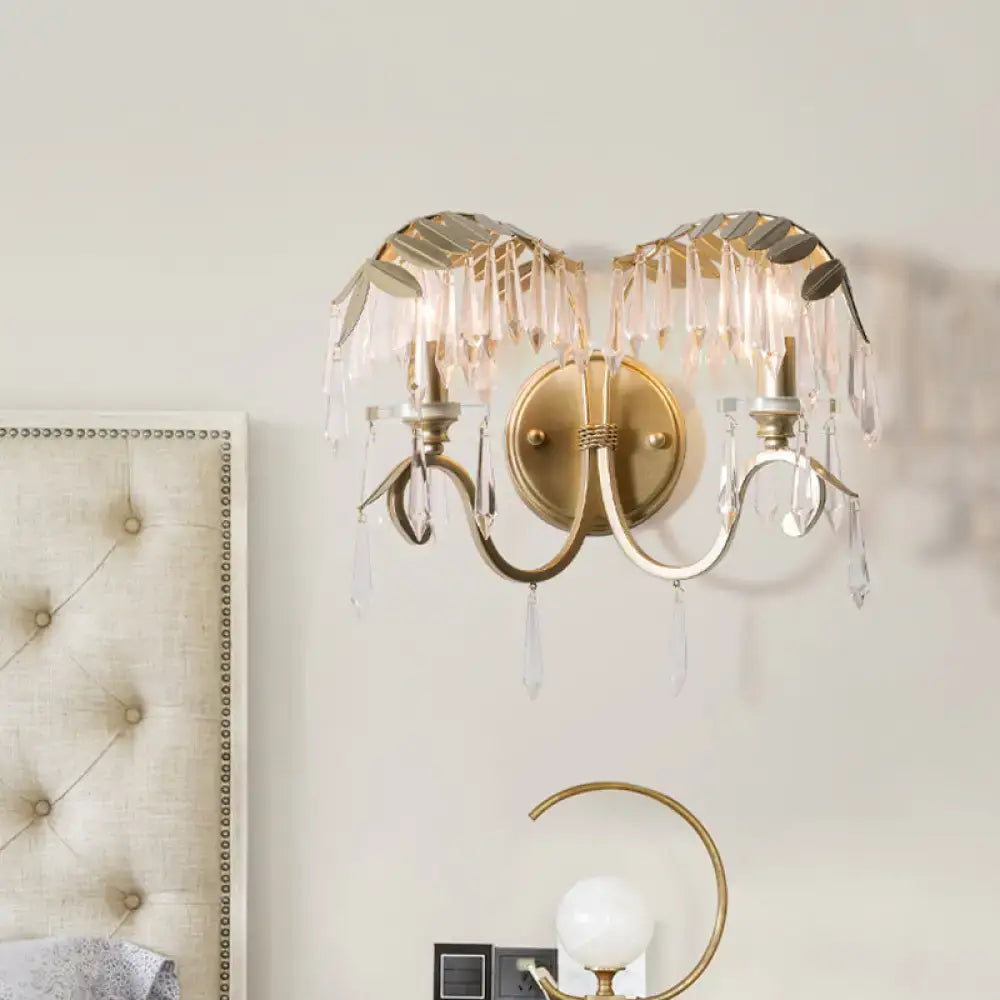 Modern gold crystal leaf wall sconce light – bedroom bent arm