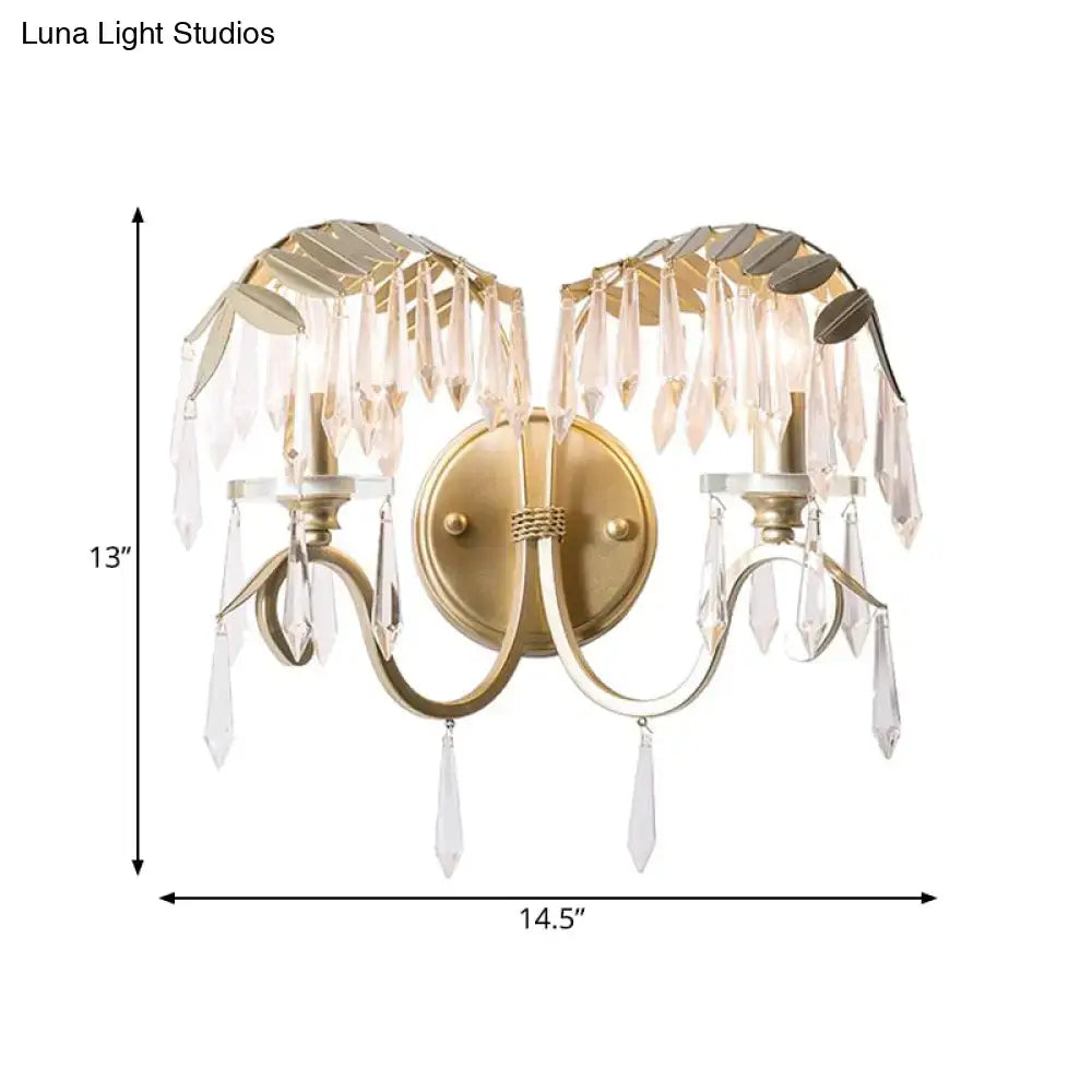 Modern gold crystal leaf wall sconce light – bedroom bent arm