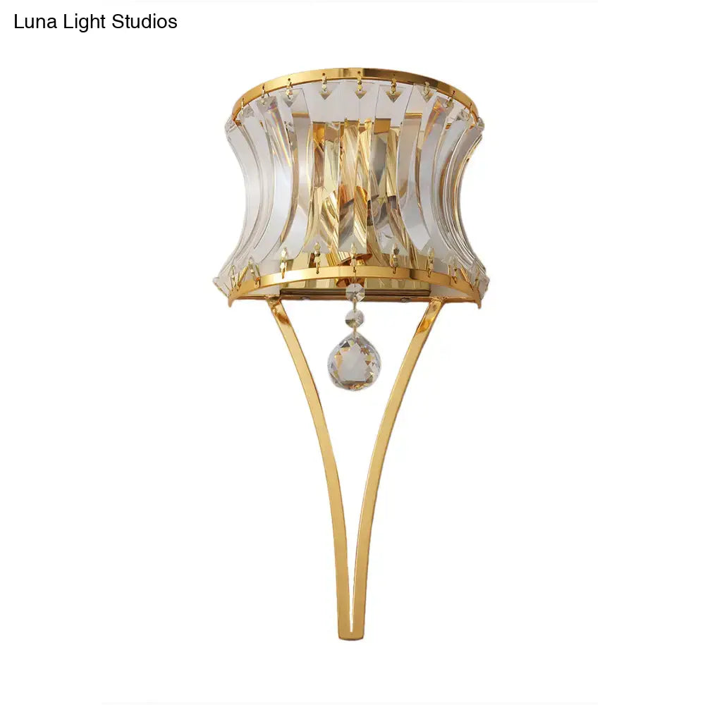 Modern gold curved wall light with clear crystal prism bedroom