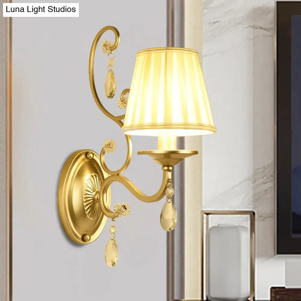 Modern gold fabric wall sconce with crystal accents bedroom light fixture