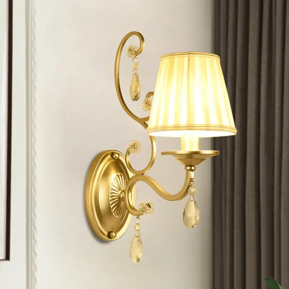 Modern gold fabric wall sconce with crystal accents bedroom light fixture